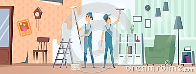 Room repair. House builders with professional equipment repairman renovation room vector illustrations Vector Illustration