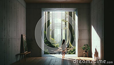 in a room's calm, a child gazes into the forest's enigmatic heart Stock Photo