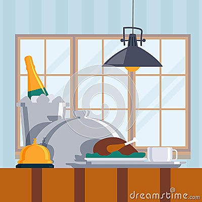 Room service in luxury hotel, vector illustration. Restaurant food delivery meal covered with cloche, champagne in Vector Illustration