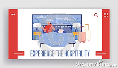 Room Service Ordering Landing Page Template. Male Character Hotel Lodger Lying in Bed with Exotic Window View Vector Illustration