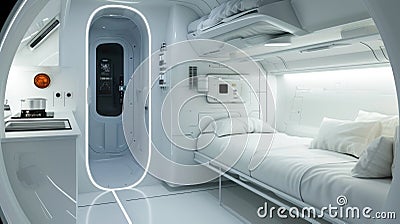 Room with single bed and kitchen area in spaceship, interior design of starship or home in colony. Living compartment in Stock Photo