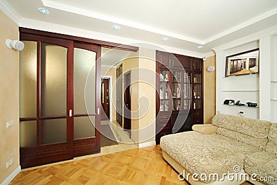 Room with sofa, wooden bookcase with fireplace Stock Photo