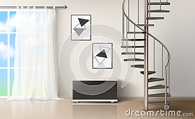 Room with spiral staircase. Empty living interior Vector Illustration