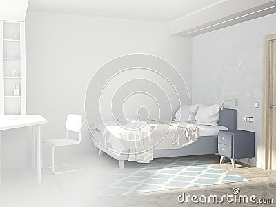 Room for a teenager in the Scandinavian style. The transition from the white to the colored of the project implementation. Stock Photo