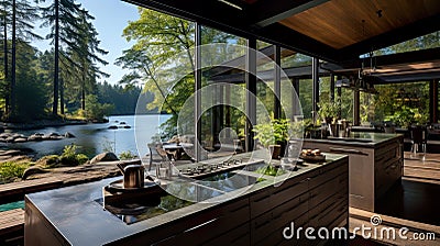 room and terrace with great lighting, where the interior concept blends with the captivating view of the lake and nature. Stock Photo