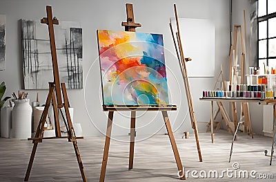 room with vibrant artist colors neatly arranged beside a painting on an easel, showcasing a vividly colorful artwork Stock Photo