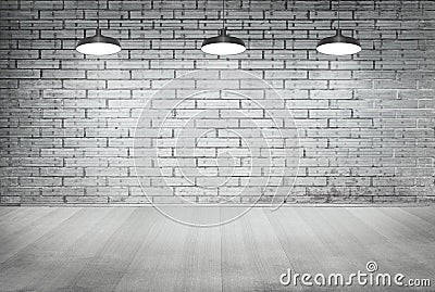 Room white brick grunge wall and wood floor with ceiling lamp Stock Photo