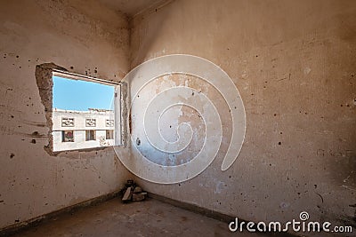 Room and window inside abandoned building , run down flat Stock Photo