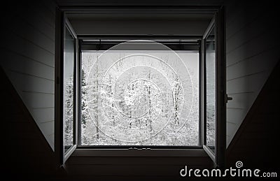 House Window open to winter snow fall Stock Photo