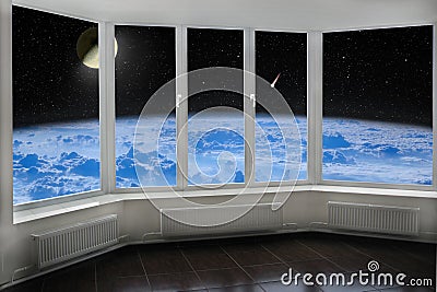 Room window with view to space above Earth`s atmosphere Moon comet and starry cosmos Stock Photo