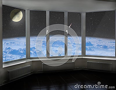 Room window with view to space above Earth`s atmosphere Moon comet and cosmos Stock Photo