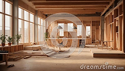 room with wood, table, chairs under construction. AI generated Stock Photo