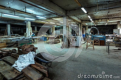 Room woodworking workshop, the overall plan. Production, manufacture and woodworking industry concept - furniture factory workshop Stock Photo