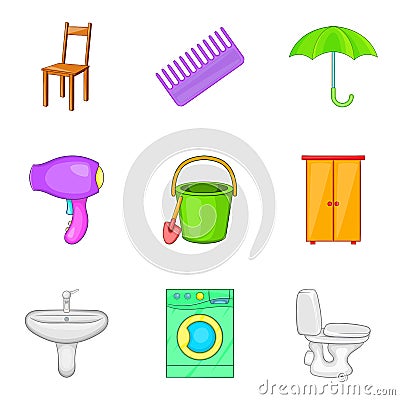 Room work icons set, cartoon style Vector Illustration