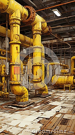 A room with yellow pipes and pipes in it. AI Stock Photo