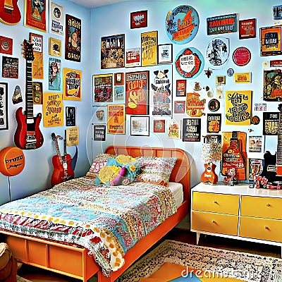 Room with yellow walls and many posters Stock Photo