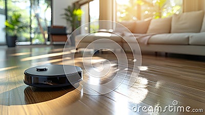 Roomba Cleaning in Front of Couch Stock Photo