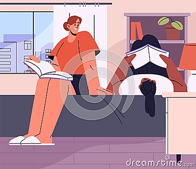 Roommate students prepare to examination together in dormitory. Young women reading books, learning at home. Neighbour Vector Illustration