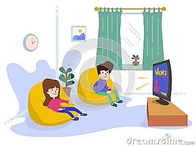 Roommates watching the news on a television at home. Vector Illustration