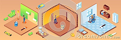 Rooms of apartment with workers during repair Vector Illustration