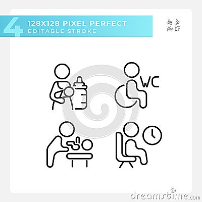 Rooms for baby care and rest pixel perfect linear icons set Vector Illustration