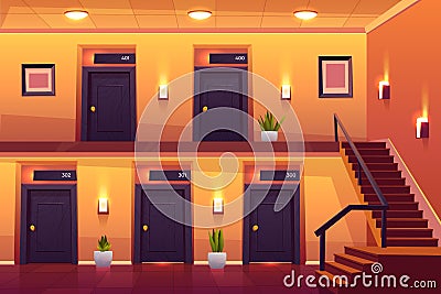 Rooms in hotel corridor and stairs on second floor Vector Illustration