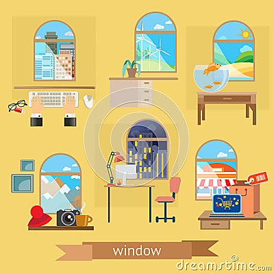 Rooms and windows illustrations Vector Illustration