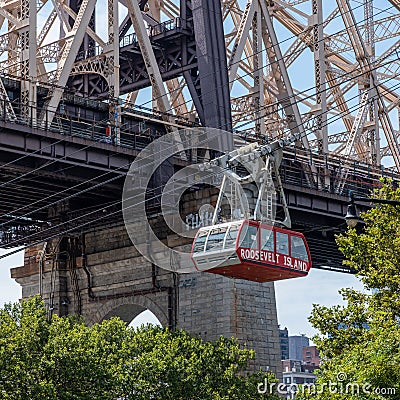 Roosevelt Island Tram with with the Ed Koch Queensboro Bridge in the background, New York City Editorial Stock Photo