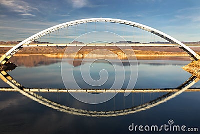 Roosevelt Lake Bridge at end of Apache Trail in Arizona Superstition Mountains Stock Photo