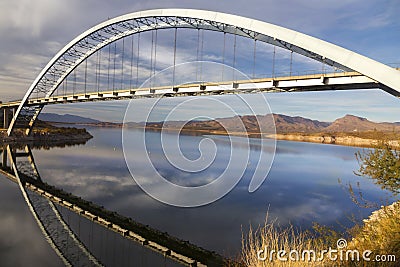 Roosevelt Lake Bridge at end of Apache Trail in Arizona Superstition Mountains Stock Photo