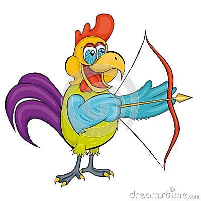 Rooster. Archery. Cartoon style. Isolated image on white background. Vector Illustration