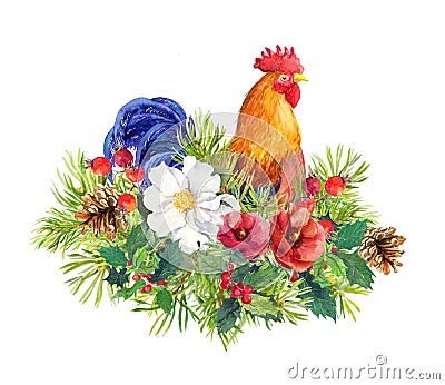 Rooster bird , winter flowers, christmas tree, mistletoe. Watercolor for greeting card, label, new year design Stock Photo