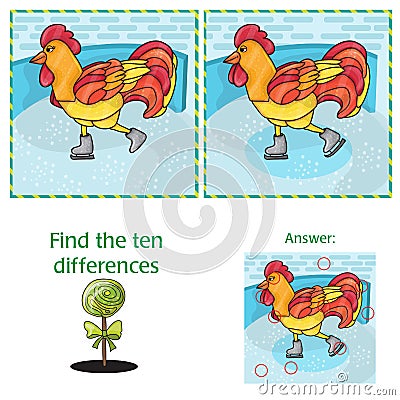 Rooster bird skate on skating ring - Find differences Vector Illustration