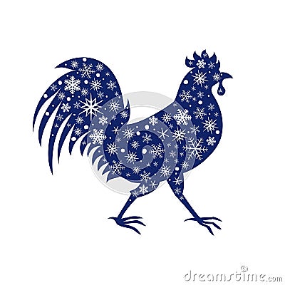 Rooster blue silhouette with snowflakes. Vector Illustration