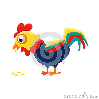 Rooster Cartoon Character Eating Seeds,Cock Representing Chinese Zodiac Symbol Of New Year 2017 Vector Illustration