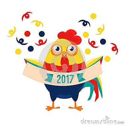 Rooster Cartoon Character Holding Festive Banner With Confetti Falling Around,Cock Representing Chinese Zodiac Symbol Of Vector Illustration