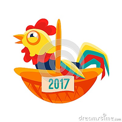 Rooster Cartoon Character Sitting In Wicker Basket,Cock Representing Chinese Zodiac Symbol Of New Year 2017 Vector Illustration