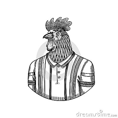 Rooster character in a sports t-shirt. Tennis player. Fashionable player, sportsman. Hand drawn fashionable cockerel Vector Illustration