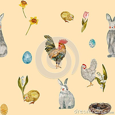 Rooster chick egg rabbit beige pattern watercolor Cartoon Illustration