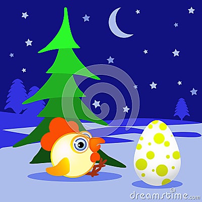 The rooster, chicken, cockerel a symbol of new year 2017pod fir-tree on snow with egg sits. An emblem in the Chinese Vector Illustration