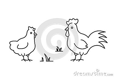 Rooster and chicken linear illustration Vector Illustration