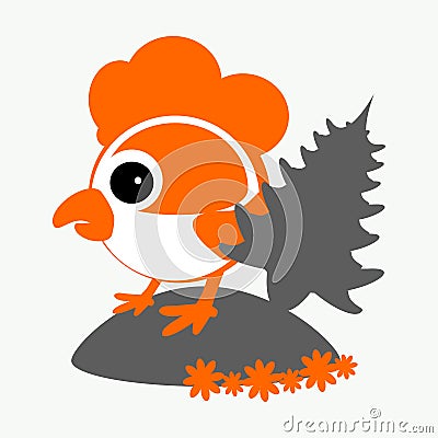 Rooster, cockerel, chicken with a fir-tree logo symbol 2017 on the Chinese calendar. The silhouette is orange, gray two colors Cartoon Illustration