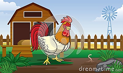 Rooster in the farm yard with cartoon style watching the worm Vector Illustration