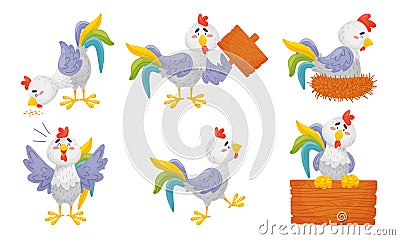 Rooster Funny Character with Bright Feathers Sleeping and Holding Wooden Plank Vector Set Vector Illustration