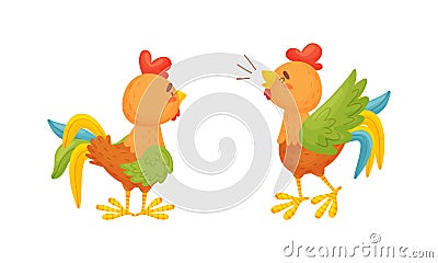 Rooster Funny Character with Bright Feathers Standing and Singing Vector Set Vector Illustration