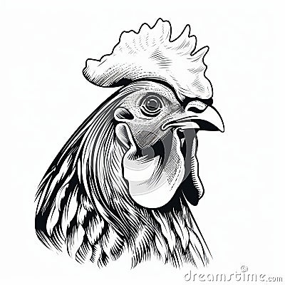 Detailed Black And White Rooster Head Illustration Cartoon Illustration