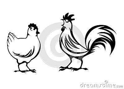 Rooster and Hen Cartoon Illustration