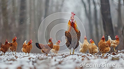 Rooster and hens forage in forest, rooster shows distress in emotional conclusion Stock Photo