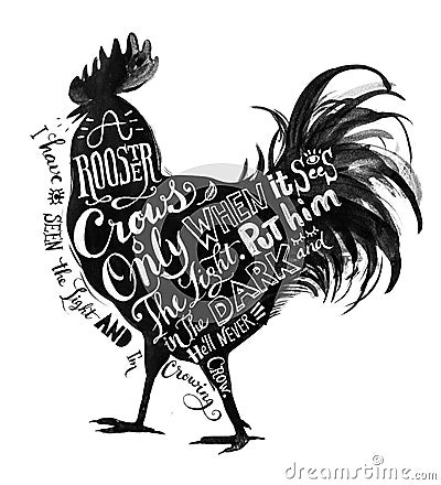 Rooster. Lettering composition within the textured ink silhouette. Quote poster. Hipster style. Stock Photo