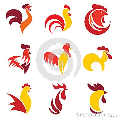 Rooster logo set, flat style Vector Illustration